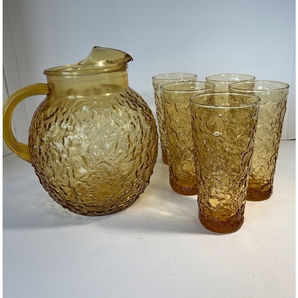 Mid Century Anchor Hocking Milano Lido Honey Gold Pitcher with 5 Glasses - Picture 12 of 12